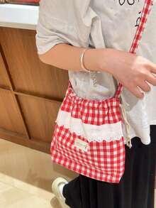 韩版红色格子甜美托特包，大容量可折叠单肩包，适合大学生校园通勤 - 紅色 - 查看 2