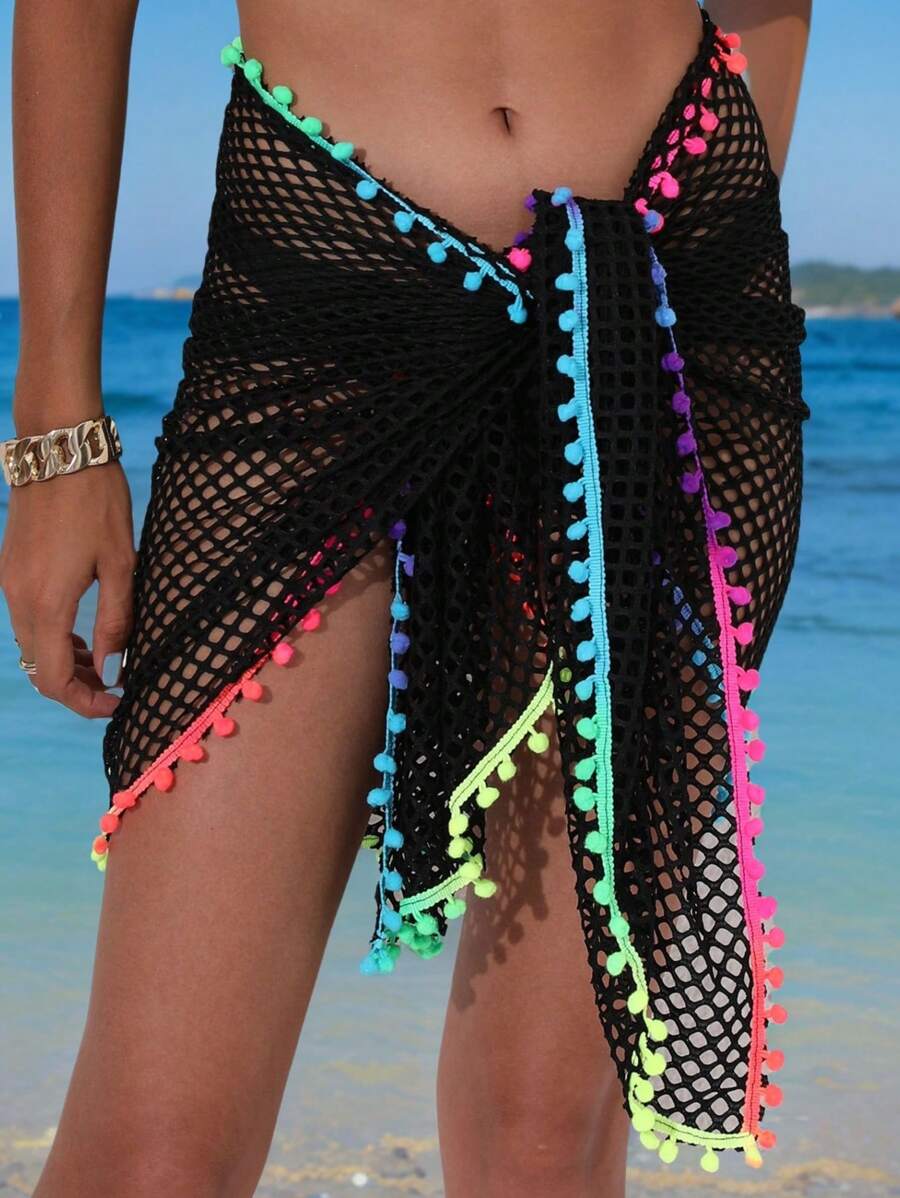 1 pieza Chal de playa multifuncional de una pieza con flecos a ganchillo para mujer, para fiestas de playa, multicolor
