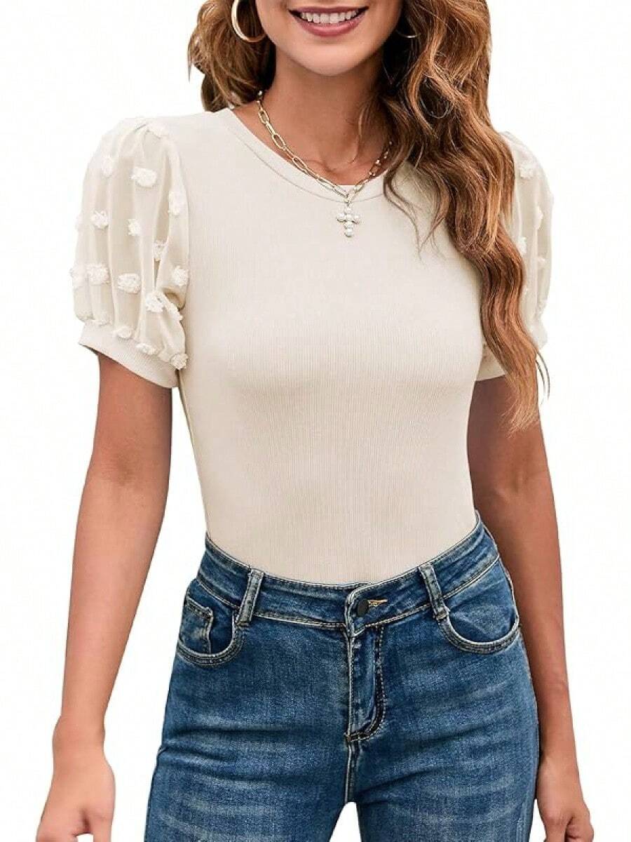 MIRALUNA Women's Round Neck Slimming Mesh Puff Sleeve Bodysuit Blouse Casual Ribbed Knit Jumpsuit Shirts Tops - Màu be - Xem 1