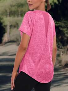 Camiseta casual de mujer de unicolor - Cuello redondo, ligera, de manga corta, mezcla elástica de poliéster, adecuada para primavera y verano, ajuste relajado básico, camiseta sin mangas holgada para mujer, tops deportivos - Rosa Fucsia - Ver 6