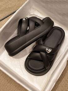 Damen weiche EVA leichte bequeme flache Plateau-Riemen-Slip-On-Pantoffeln, 6cm hohe Sohle, lässige Sommer-Strand-Slide-Sandalen