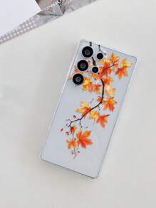 1 pieza Funda de teléfono de TPU transparente y suave con diseño minimalista retro de rama de árbol y hoja de arce, anti-caídas, anti-arañazos y anti-huellas dactilares, con protección para la lente de la cámara, compatible con Apple, Nothing, Pixel, INFINIX, Redmi