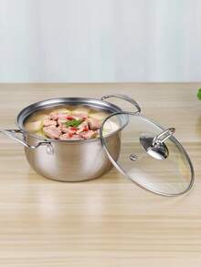 Batería cocina 4 piezas set cacerolas y sartén acero inoxidable utensilios comedor hogar resistente distribución calor uniforme compatible estufa horno diseño elegante - Plateado - Ver 3