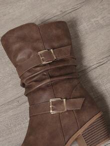 棕色褶皱搭扣粗跟圆头套脚舒适优雅百搭通勤日常骑行靴，时尚女靴 - 摩卡棕 - 查看 7