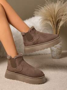 Nouvelle collection 2025 Bottes mi-mollet élastique à enfiler d'un style occidental moderne minimaliste pour couple et parent-enfant. Plateforme, semelle épaisse, antidérapante, imperméable, doublure en fausse fourrure moelleuse, patchwork élastique. Idéales pour la maison, le quotidien, le campus, l'extérieur, les fêtes, le ski