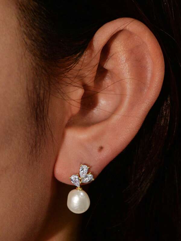 1 Pair S925 Sterling Silver Freshwater Pearl Stud Earrings For Women, Elegant Zirconia Earrings With Luxury Vibe, Versatile Accessory