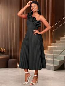 Asymmetric Ruffle Hem Pleated Dress