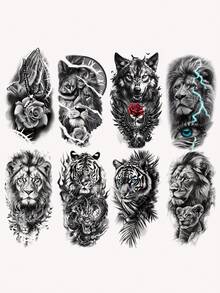8 miếng dán hình xăm tạm thời cỡ lớn, họa tiết hổ, sư tử, đầu sói và bàn tay Phật phát sáng chân thực, chống thấm nước và mồ hôi, phù hợp với nam giới, có thể che sẹo, tiệc tùng, biểu diễn và mặc hàng ngày - màu đen - Xem 6