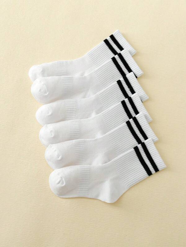 6 Pairs Kids/Students Black & White Striped Sports Crew Socks, Spring/Summer