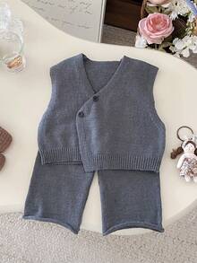 2pcs Toddler Baby Boy Casual Outfit, Charcoal Knitted Cardigan Vest & Pants Set, Comfortable For Autumn/Winter - Dark Grey - View 10