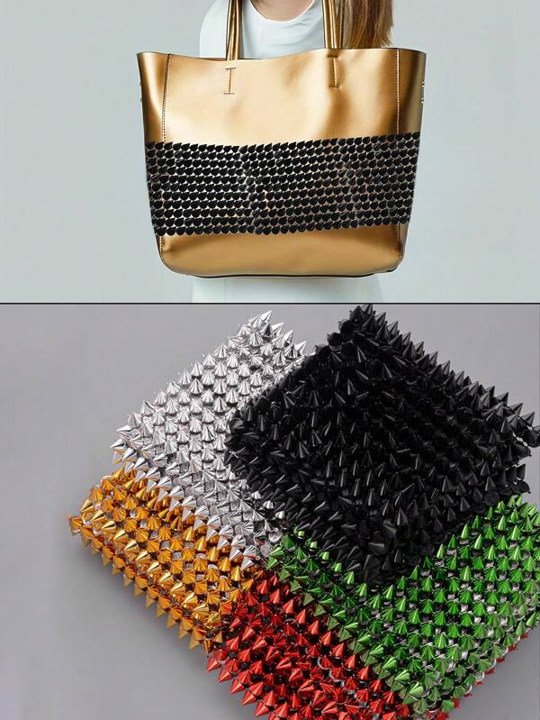 Multi-Color Plastic Rivet Decor, Multi-Size - 12 Rows Rivet Mesh Fabric, Suitable For DIY Crafts, Headband And Clothing Decoration
