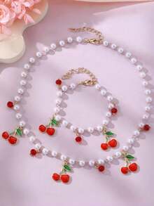 2 Piece Set Pearl Necklace & Cherry Pendant Necklace, Delicate & Sweet Heart Beads Jewelry For Girls - one-size - View 10