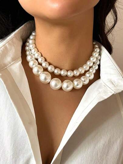 2pcs/Set Fashionable Elegant Asymmetrical Faux Pearl Beaded Necklace Set For Women's Gorgeous Evening Party Runway Jewelry And Gift For Her On Holidays