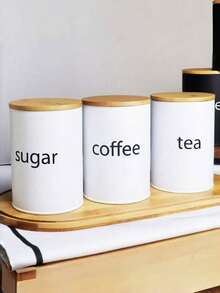 Bộ 3 lọ đựng cà phê tròn, hộp đựng cà phê, trà, đường, có 3 muỗng cà phê, bao gồm hộp kim loại màu đen trắng có nắp gỗ và nắp đậy kín khí - Hộp đựng thực phẩm an toàn cho nhà bếp có nhãn khắc, thích hợp để lưu trữ, nhà hàng, trang trí, quà tặng cho mẹ, ngày của mẹ, đám cưới, quà tặng cho bố, bạn trai, bạn gái - Nhiều màu - Xem 9