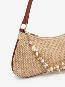 1pc Women's Retro Vacation Ocean Shell Pearl Woven Detachable Shoulder/Underarm Baguette Bag, Suitable For Date, Outing, Vacation