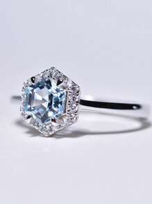 1pc S925 Sterling Silver Sky Blue Topaz Hexagon Ring, Hypoallergenic, Adjustable Size, Suitable For Party, Music Festival, Valentine's Day Gift, Elegant Bohemian Rose Design, Timeless