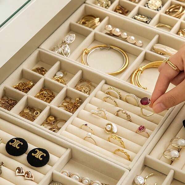 4pcs Beige Velvet Adjustable Jewelry Trays, 4pcs Grey Velvet Jewelry Organizer Trays, Desktop Jewelry Storage