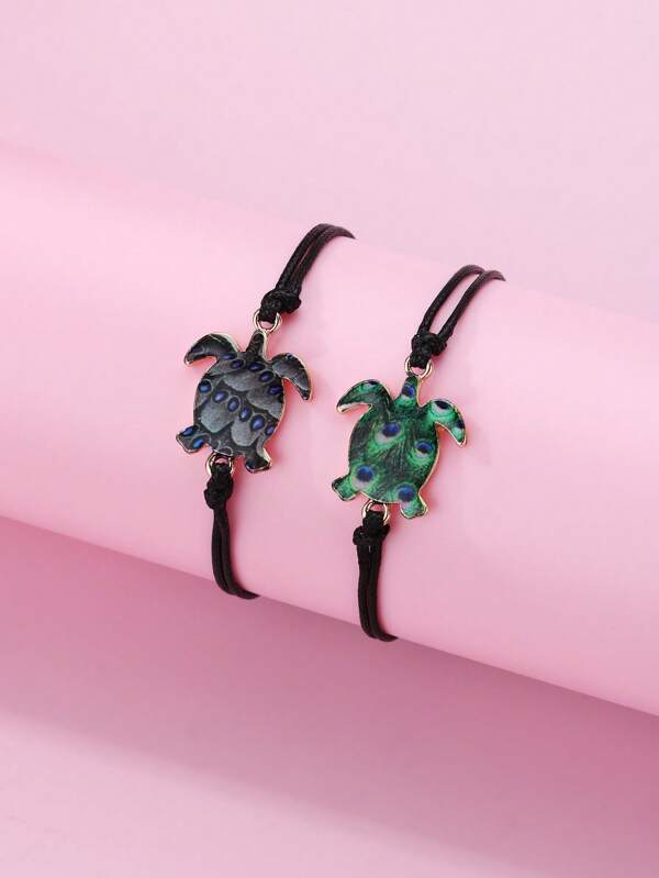 2pcs Zinc Alloy Colorful UV Print Cute Sea Turtle Charm Bracelets For Women, Suitable For Back To School Season And Decorating With Friends