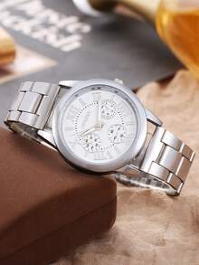 1 Set Reloj de mujer de acero con banda y diamantes de imitación, reloj de cuarzo de tres esferas falsas, reloj de pulsera de cuarzo de moda casual - Multicolor - Ver 4