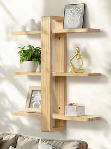 Etagere Murale en Bois, Étagère Flottante à 3 Niveaux, Étagère Décorative en Bois Massif avec Tablettes Amovibles, 50x58 cm, pour Salon et Chambre