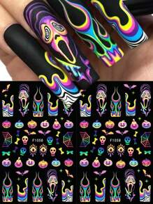 Calcomanías de arte de uñas para Halloween, calabaza degradada, máscaras de horror, diseños adhesivos 3D de telarañas y murciélagos para decorar las uñas (2 hojas)