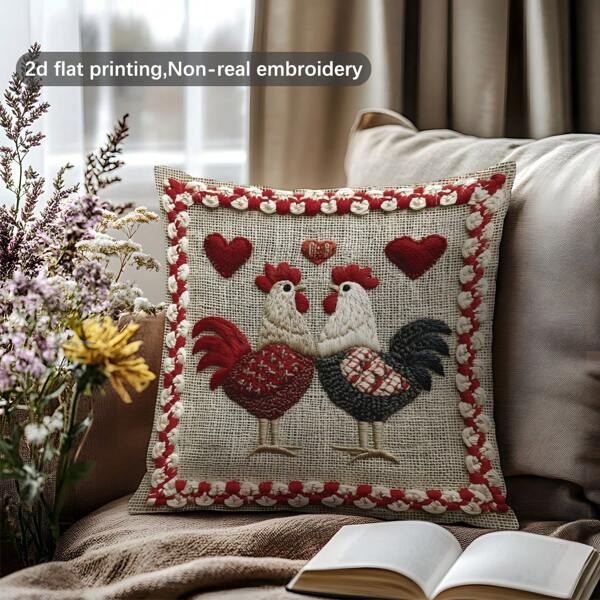 1 pièce [Impression 2D plate, pas de véritable broderie] Taie d'oreiller en polyester imprimée avec un poussin rétro en forme de cœur [sans insert], 17,7 * 17,7 pouces (45 * 45 cm), [Impression unilatérale] Housse de coussin décorative de style pastoral pour canapé, salon, chambre à coucher, voiture, bureau, hôtel, homestay, cadeau parfait pour la famille et les amis