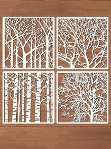 4pcs Birch Tree Trunk Stencils, Creamy White, 7.87", Reusable, Plastic, Artistic, For Painting On Wood, Fabric, Walls, Furniture And DIY Crafts, School Supplies,Back To School