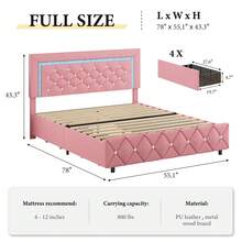 Twin/ Full/ Queen/ King Size Bed Frame With Storage Drawers, Upholstered LED Bed Frame With Headboard, Modern Platform Bed Frame With Headboard And Footboard, Diamond Tufted Design, No Box Spring Needed, Twin/ Full/ Queen/ King, Pink/ Black/ White/ Purple/ Yellow (Twin Size 2 Drawers/ Other Size 4 Drawers) - Hồng - Xem 8