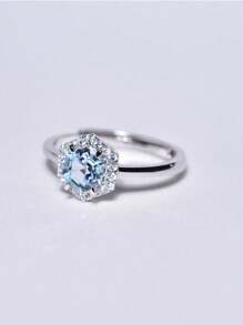 1pc S925 Sterling Silver Sky Blue Topaz Hexagon Ring, Hypoallergenic, Adjustable Size, Suitable For Party, Music Festival, Valentine's Day Gift, Elegant Bohemian Rose Design, Timeless