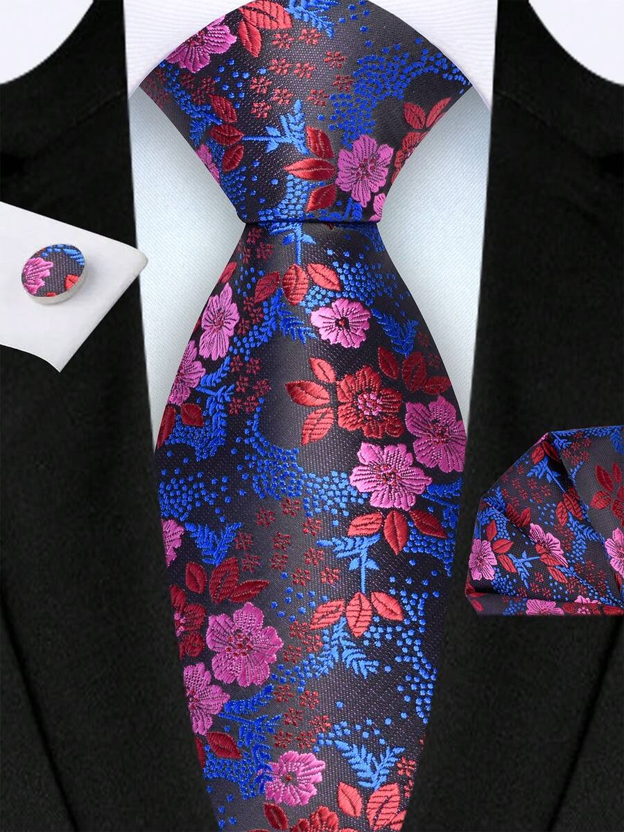3 件男士 3.15 英寸红蓝花卉领带、手帕、袖扣套装 - 高品质经典时尚商务休闲领带套装，非常适合婚礼、圣诞节、派对礼物 - 紅藍色 - 查看 1