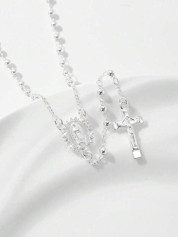 1pc 2025 New S925 Sterling Silver Hypoallergenic Platinum Plated One-Piece Carved Our Lady Of Guadalupe Cross Jesus Christ Rosary Pendant Necklace With Luxurious Drawer Gift Box And Carry Bag, Suitable For Mother/Couples/Friend/Believer Gifts, Catholic First Communion, Daily & Holiday Wear Prayer