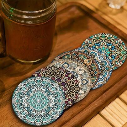 Moroccan Mandala Wooden Coaster Set, Heat Resistant, Non-Slip, Washable, Ideal For Kitchen, Car, Home And Restaurant Decor, Suitable For Mother's Day, Father's Day, Independence Day, Moroccan Home Decor