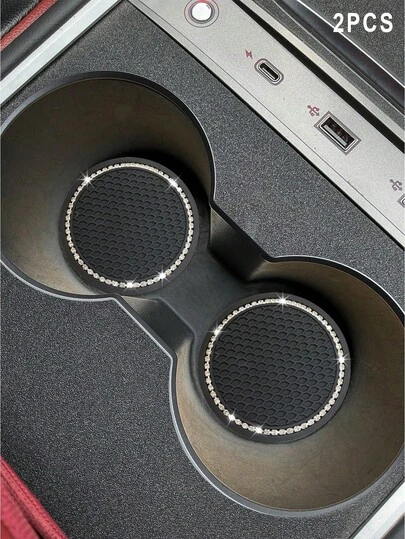 2pcs Car Cup Holders, Shiny Cup Coasters, Universal Anti-Slip Cup Holder Inserts, Car Interior Mats, 7cm/2.75" Soft Crystal Rhinestone Rubber Coaster Set, Round Car Beverage Cup Mats, Car Interior Accessories