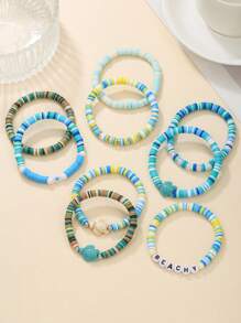 Juego de 9 piezas de pulseras hechas a mano con elementos de perla de resina, circonita cúbica y en forma de corazón y tortuga, estilo océano, adecuado para el uso diario y la playa de las mujeres
