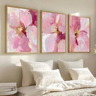 3 piezas Pósteres de arte de flores abstractas modernas en rosa, pintura en lienzo floral de color rosa pastel, arte de pared en lienzo impermeable, obra de arte para regalo, decoración para sala de estar, dormitorio, baño, oficina, pasillo, decoración de cocina, decoración de habitación, decoración del hogar con marco opcional