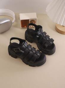 Summer New Round Toe Woven Decorative Design For Girls' Outdoor Sandals, Anti Slip , Fashionable And Generous Children's High Heels Roman Sandals