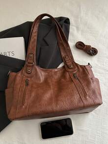 2025 New Fashion Classic Clown Solid Color Large Capacity Retro PU Cloth Shoulder Tote Bag, Suitable For Shopping, Vintage - Brown - View 6