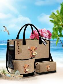 可爱高地牛捧花主题手提包套装，包含一个手提包、一个零钱包和一个方包，采用花朵和高地牛图案的小牛皮设计，大容量手提包、单肩包、亚麻购物袋、沙滩包；化妆包、指甲油收纳袋、可爱款式充电器收纳，适合度假、工作、通勤、上学、返校、商务旅行、生日礼物、教师节礼物、返校礼物。 - 彩色 - 查看 6