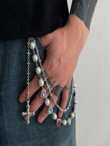 1pc Pearl Flower Pants Chain, High-End Style, Male Hip-Hop,Multi-Layer Metal Cross Pendant With Faux Pearl And Gemstone Inlay, Fashion Accessory With Hiphop Punk Style, Suitable For Pants Chain, Keychain, Waist Decoration, Teen, Casual Outdoor, Athletic, Vacation, Travel, Graduation, Birthday, Daily Wear