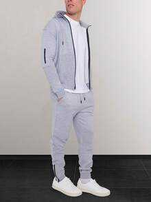 LoveMyFashions Men's Hooded Sports Casual Tracksuit Set Zippered Warm Sweatshirt And Pants Two Pieces Set Outdoor Sports Travel - Grey - View 1