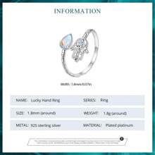 WOSTU 1 pièce Bague d'ouverture en argent sterling 925 Main de Fatima Lucky avec Moonstones arc-en-ciel en forme de larme. Bague empilable, bijoux pour une fête, cadeau