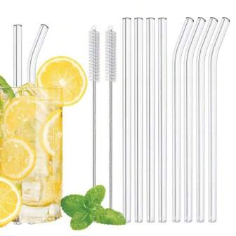 8/12pcs Glass Drinking Straws With Woven Cleaning Brushes