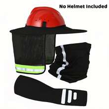 Set Of 3 - Summer Sun Protection Hat, Breathable Full Brim Mesh Neck Cover With Bandana Headband & Arm Sleeves, Adjustable Strap For Outdoor(No Helmet Included)