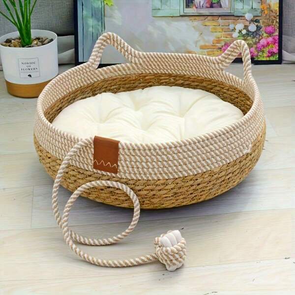 1 pieza Cama de gato de mimbre con cojín suave y cola adorable - Casa de gato cómoda para todo el año, diseño tejido natural, acogedor y elegante, accesorio de comodidad para mascotas | Decoración linda para gatos | Construcción de mimbre, cama pequeña para gato