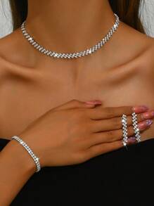 Women Luxury Fashion Jewelry 4-Piece Set: Rhinestone Earrings + Necklace + Bracelet, Elegant & Generous Jewelry Suit, Suitable For Wedding, Party, Gift For Holidays