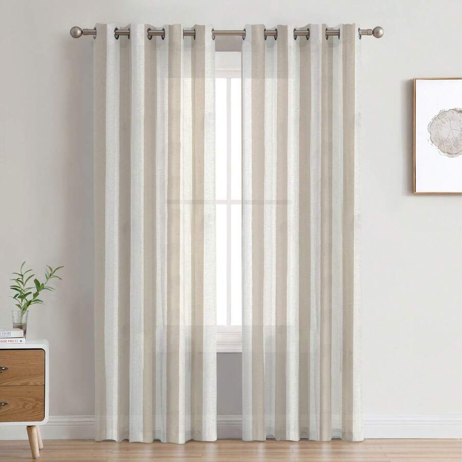 1/2 Piece Semi-Sheer Linen Curtains With Vertical Stripes, Modern Curtains, Decorative Curtains, Living Room Curtains – Natural Style And Metal Window Rings