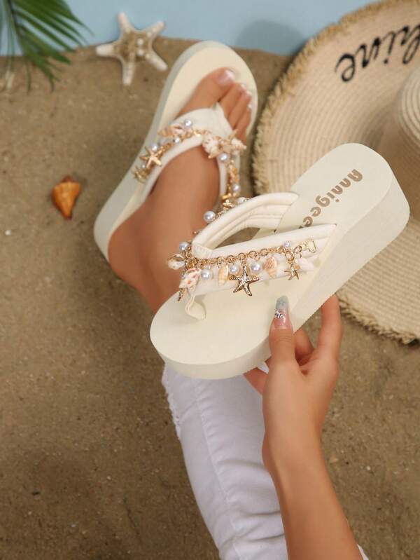 Women EVA Platform Wedge Slip-On Sandals, Bohemian Style Shell Chain Decor Beach Holiday Flip Flops, Spring/Summer