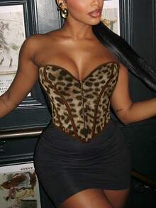 Blazique Top Tubular Modelador com Estampa de Leopardo, Ilhós, Amarração Frontal e Costas Abertas, Ideal para Festivais de Música no Estilo Y2K - Multicolorido - Visão 3