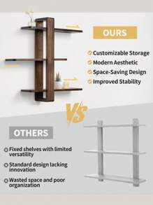 Estante de Pared de Madera Color Nogal, Estante Flotante, Estantería Colgante Grande, Estantería Decorativa de 3 Niveles de Madera Maciza para Salón y Dormitorio, Baldas Desmontables, 50x58 cm
