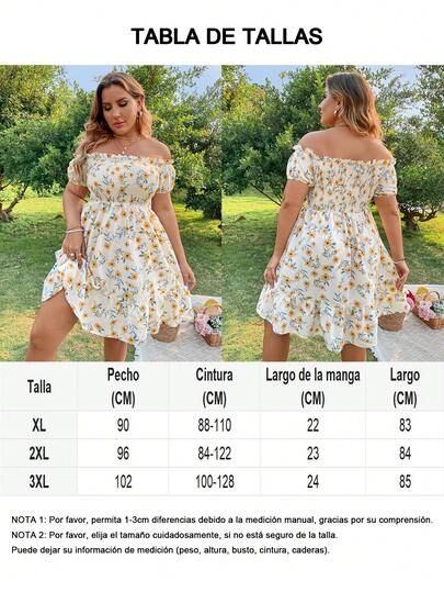 Vestido con estampado floral, hombros descubiertos, volantes fruncidos y bajo con volante para vacaciones y playa para mujer talla grande